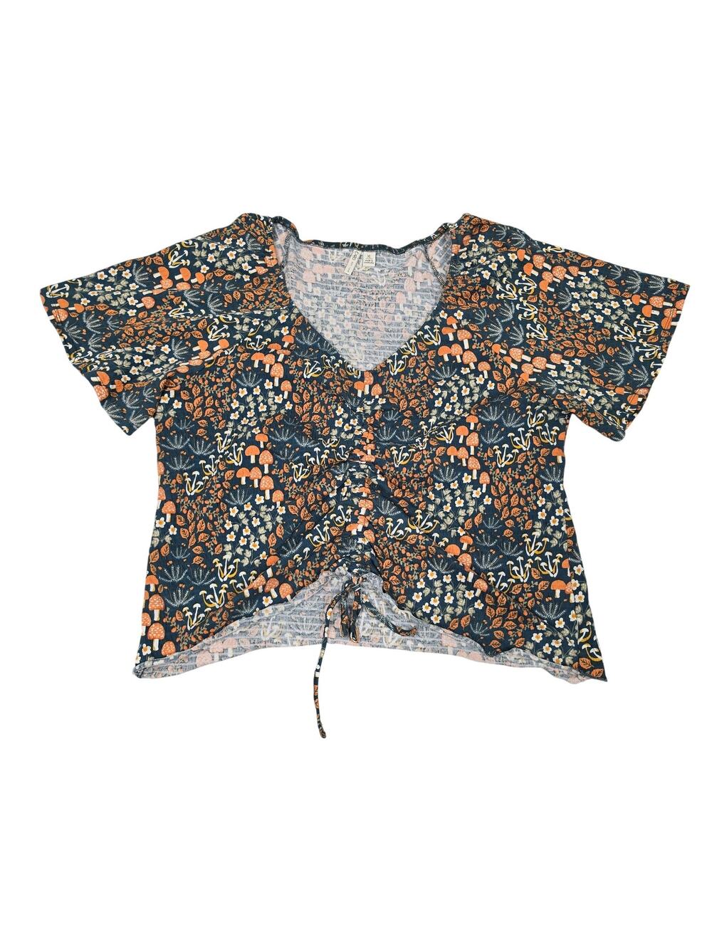 Cato Blouse Womens XL Multicolor Mushroom Floral V Neck Ruched Cropped Fairycore